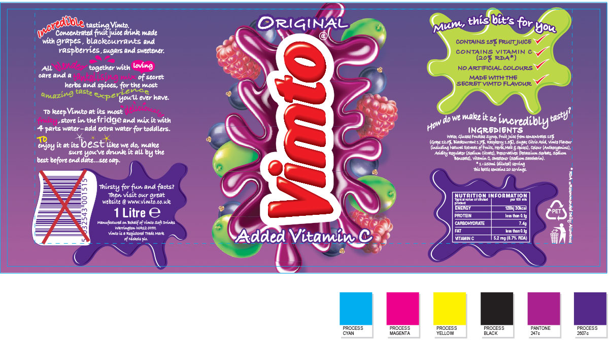 Vimto drinks packaging - bottle artwork